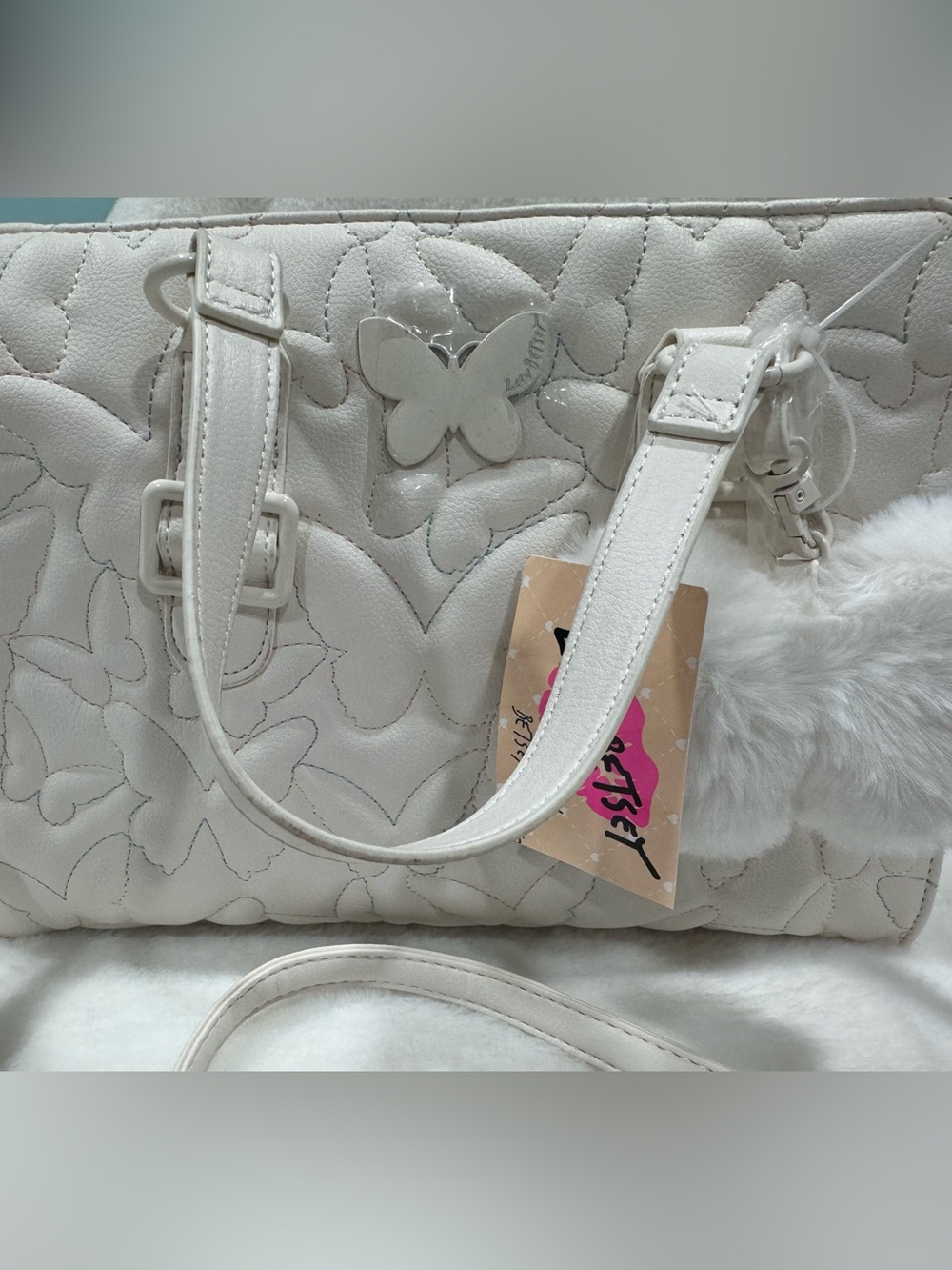 NWT Betsey Johnson White Quilted Butterfly Tote Bag with Faux Fur Charm